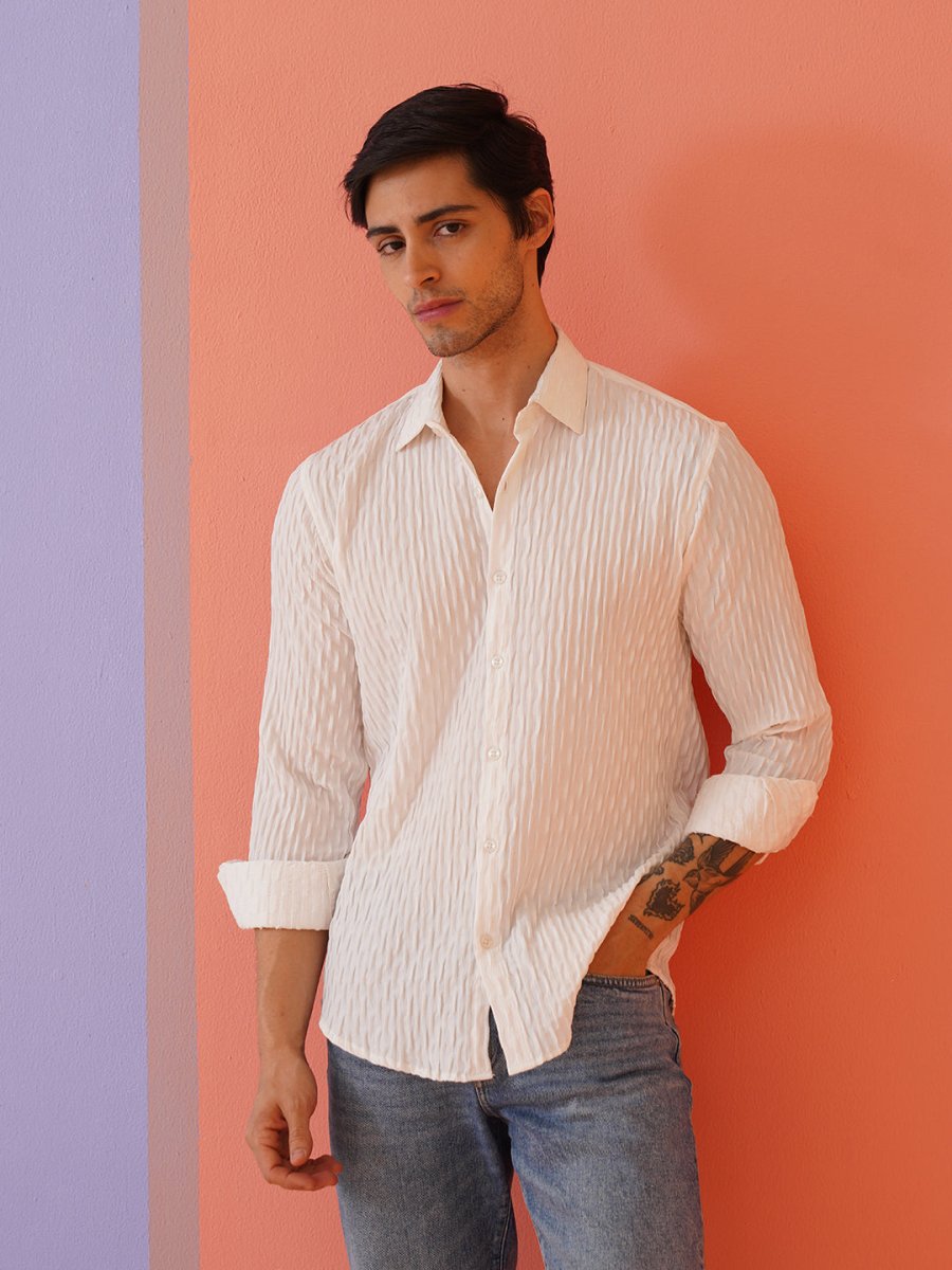 White Self Design Cotton Formal Shirt for Men - SF_928White_S