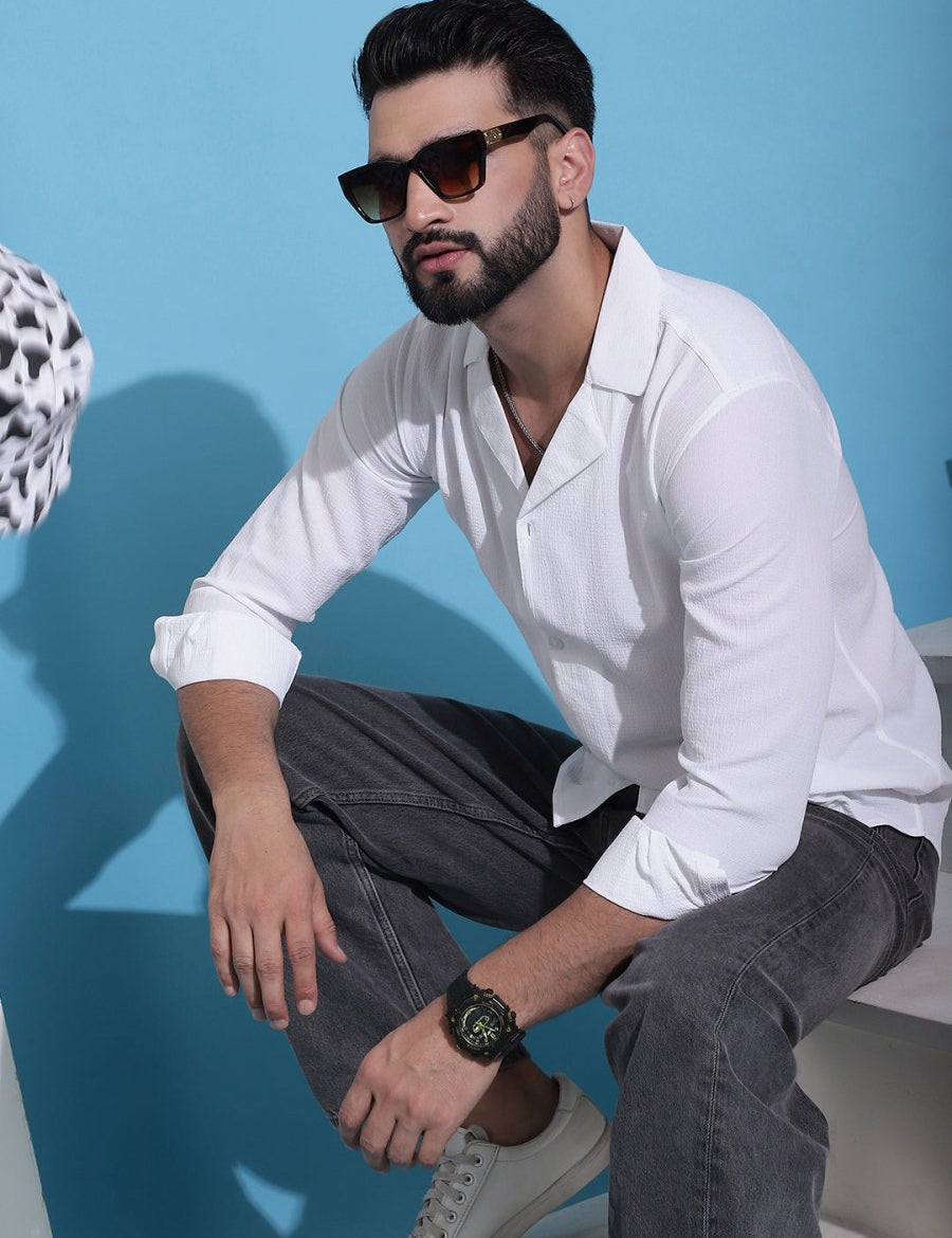 White Self Design Cotton Formal Shirt for Men - SF_904White_S
