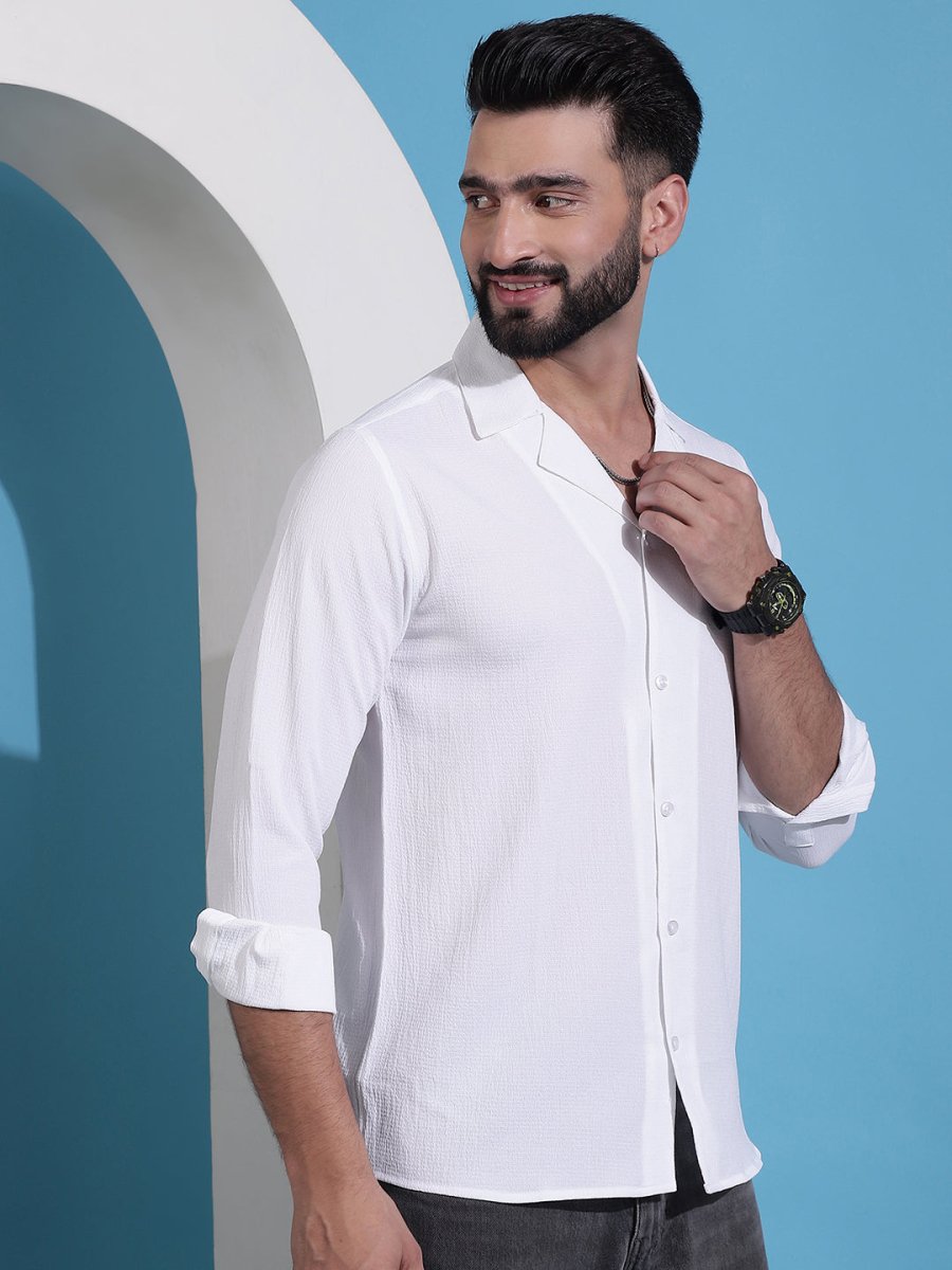 White Self Design Cotton Formal Shirt for Men - SF_904White_S