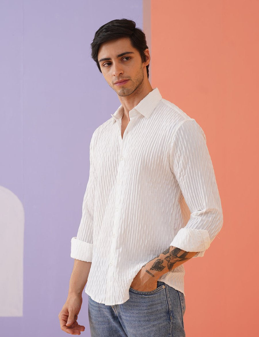 White Self Design Cotton Formal Shirt for Men - SF_928White_S
