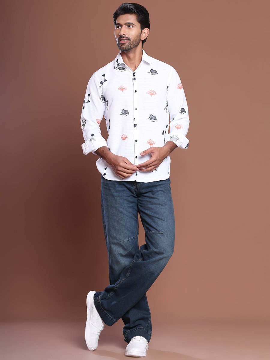 White Self Design Party Shirt for Men - SF_9041White_S