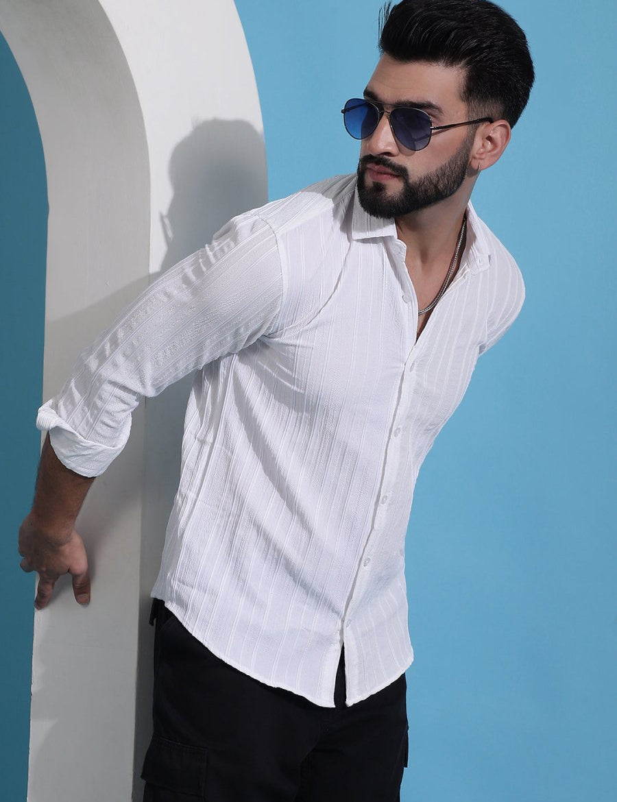White Striped Cotton Formal Shirt for Men - SF_937White_S