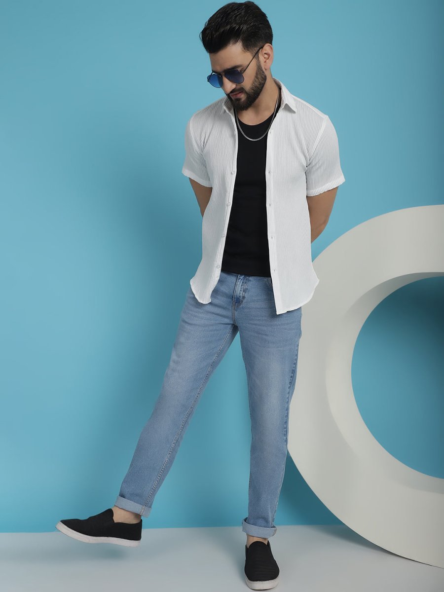 White Striped Half Sleeve Shirt for Men - SF_921White_S