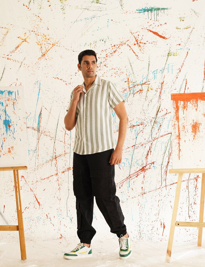 White Striped Party Shirt for Men - SF_931Green_S