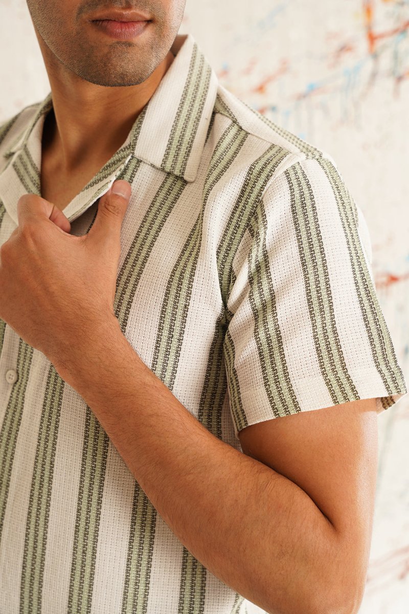 White Striped Party Shirt for Men - SF_931Green_S