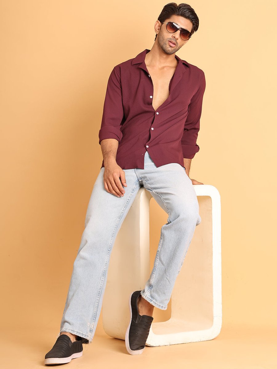 Wine Self Design Cotton Formal Shirt for Men - SF_904Wine_S