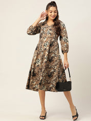 Women Animal Print Puff Sleeves Crepe Midi Dress - JND_1008Brown_XS