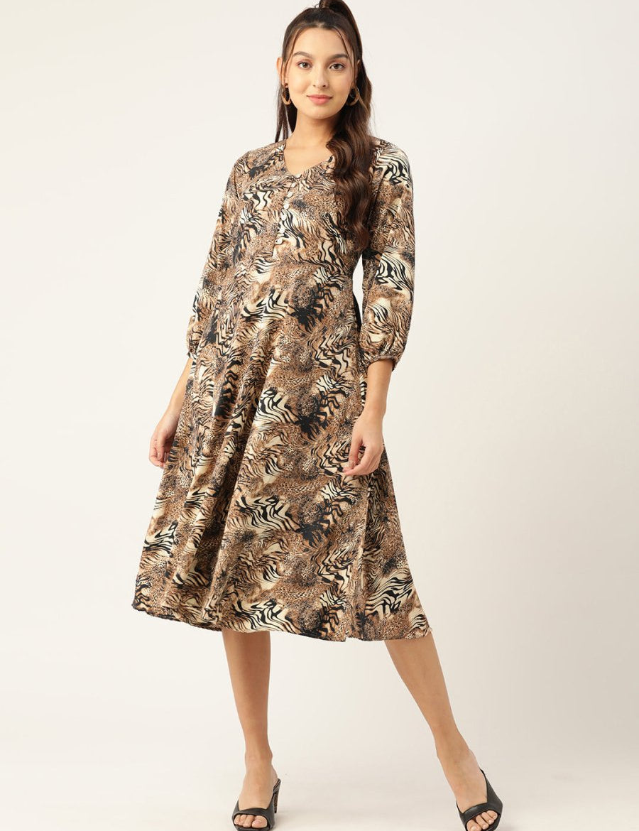 Women Animal Print Puff Sleeves Crepe Midi Dress - JND_1008Brown_XS