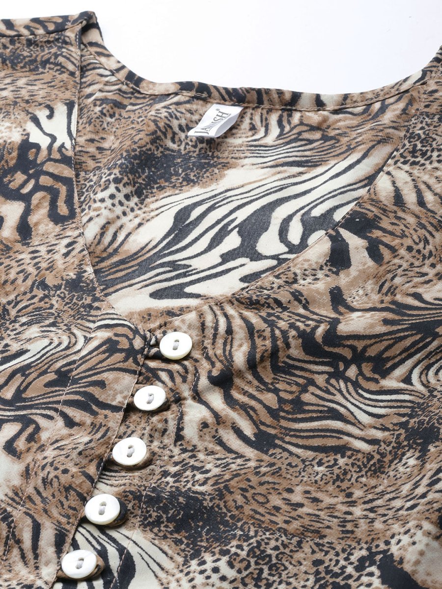 Women Animal Print Puff Sleeves Crepe Midi Dress - JND_1008Brown_XS