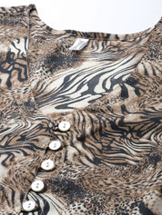 Women Animal Print Puff Sleeves Crepe Midi Dress - JND_1008Brown_XS