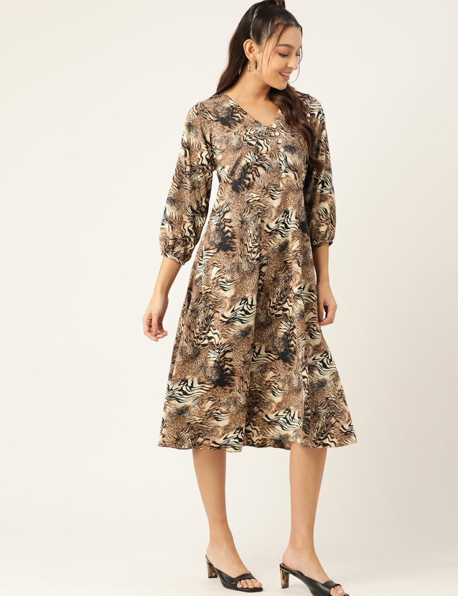 Women Animal Print Puff Sleeves Crepe Midi Dress - JND_1008Brown_XS