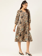 Women Animal Print Puff Sleeves Crepe Midi Dress - JND_1008Brown_XS