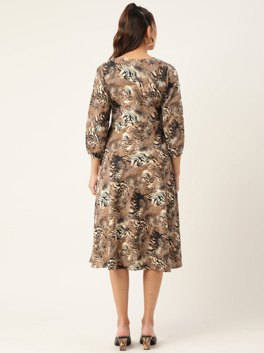 Women Animal Print Puff Sleeves Crepe Midi Dress - JND_1008Brown_XS