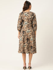 Women Animal Print Puff Sleeves Crepe Midi Dress - JND_1008Brown_XS