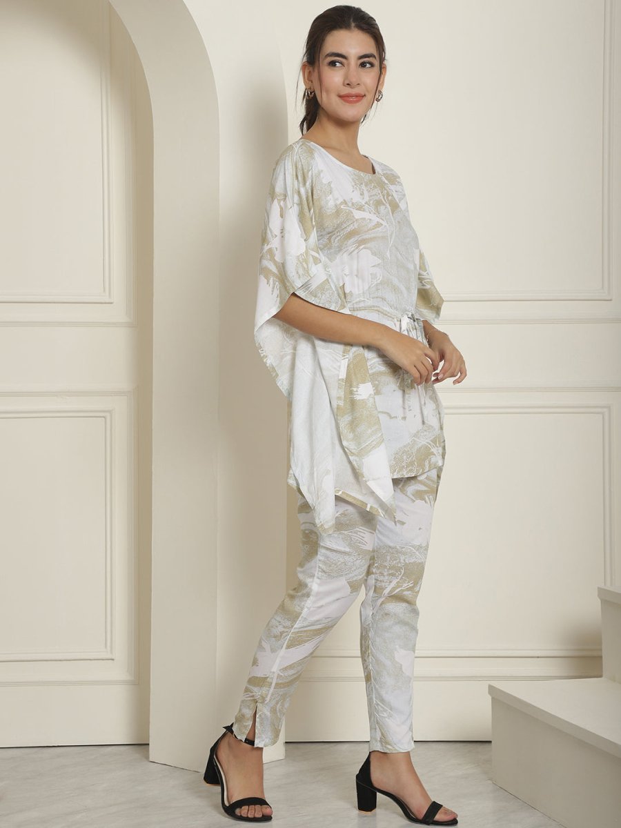 Women Beige Tie Dye Printed Rayon Kaftan Tunic With Trousers - JNCS_3002Beige_XS