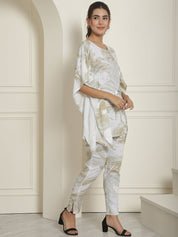 Women Beige Tie Dye Printed Rayon Kaftan Tunic With Trousers - JNCS_3002Beige_XS
