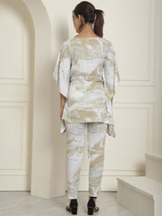Women Beige Tie Dye Printed Rayon Kaftan Tunic With Trousers - JNCS_3002Beige_XS
