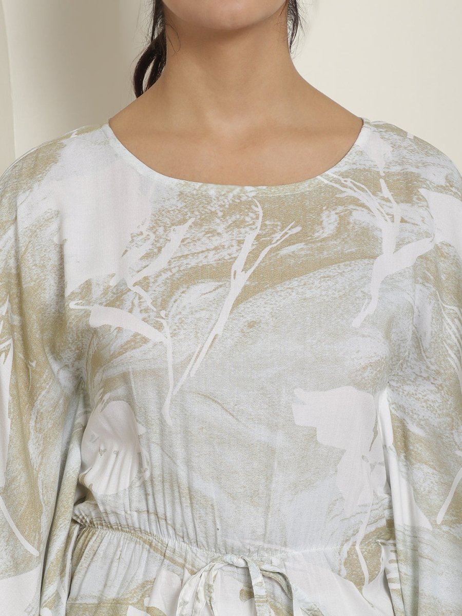 Women Beige Tie Dye Printed Rayon Kaftan Tunic With Trousers - JNCS_3002Beige_XS