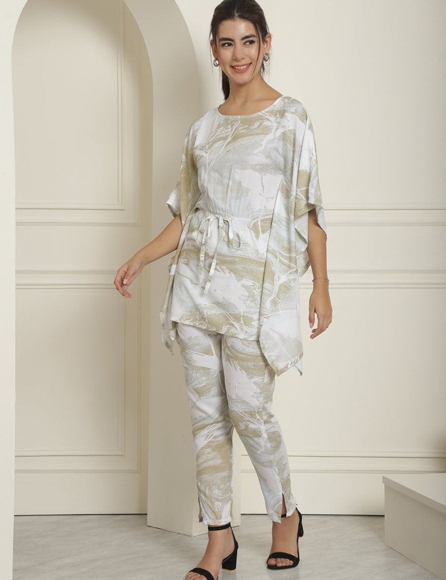 Women Beige Tie Dye Printed Rayon Kaftan Tunic With Trousers - JNCS_3002Beige_XS