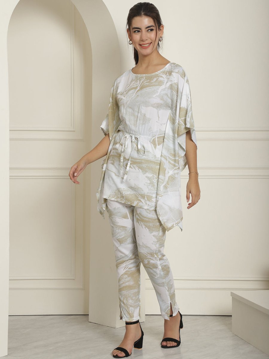 Women Beige Tie Dye Printed Rayon Kaftan Tunic With Trousers - JNCS_3002Beige_XS