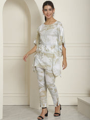 Women Beige Tie Dye Printed Rayon Kaftan Tunic With Trousers - JNCS_3002Beige_XS
