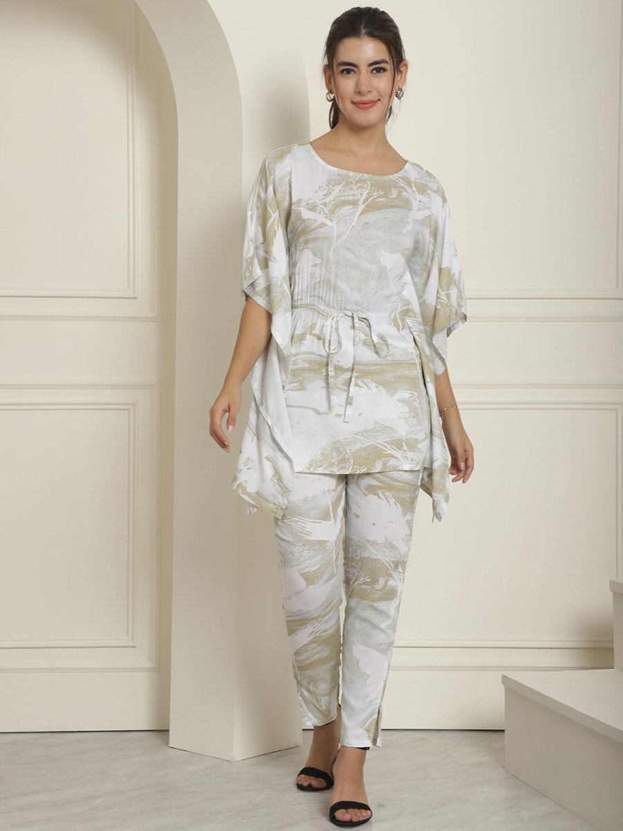 Women Beige Tie Dye Printed Rayon Kaftan Tunic With Trousers - JNCS_3002Beige_XS