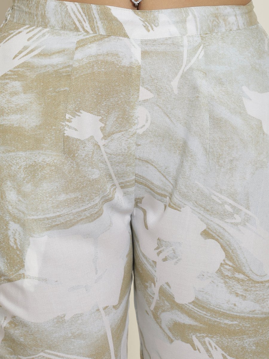 Women Beige Tie Dye Printed Rayon Kaftan Tunic With Trousers - JNCS_3002Beige_XS