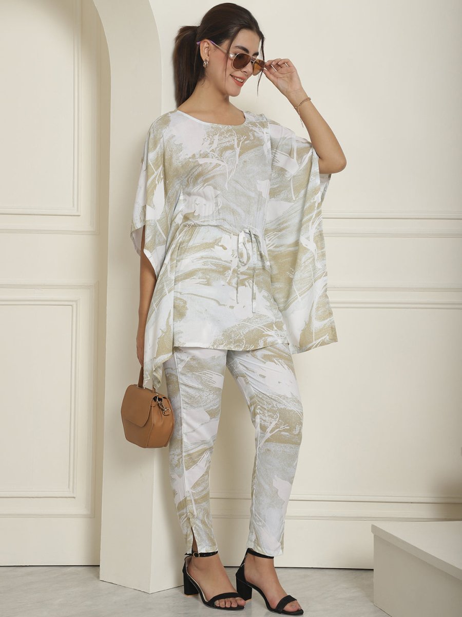 Women Beige Tie Dye Printed Rayon Kaftan Tunic With Trousers - JNCS_3002Beige_XS