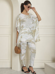 Women Beige Tie Dye Printed Rayon Kaftan Tunic With Trousers - JNCS_3002Beige_XS