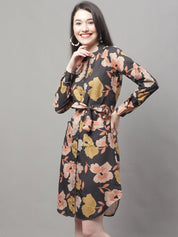 Women Black Printed A-Line Dresses With Belt - JND_1015Black_XS