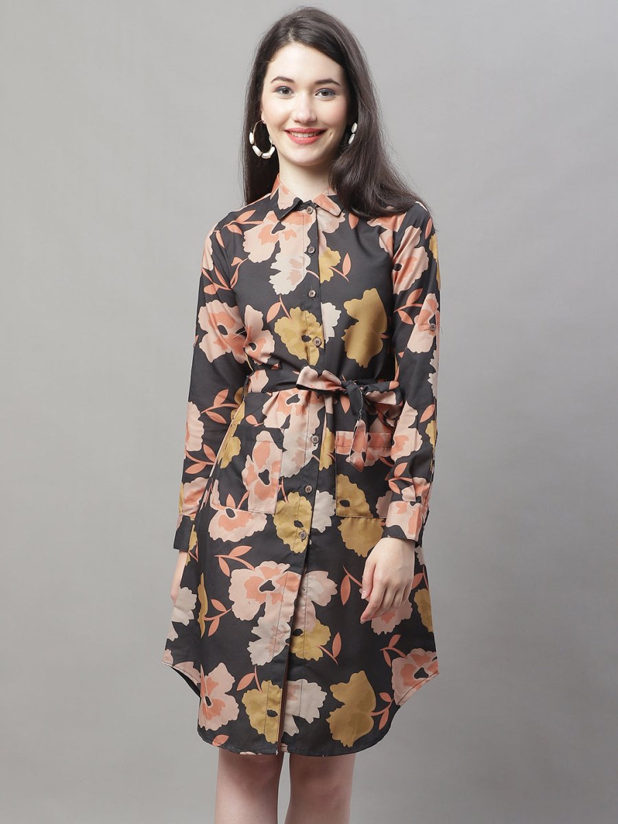 Women Black Printed A-Line Dresses With Belt - JND_1015Black_XS
