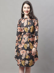 Women Black Printed A-Line Dresses With Belt - JND_1015Black_XS