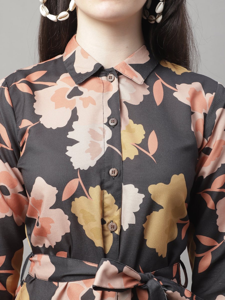 Women Black Printed A-Line Dresses With Belt - JND_1015Black_XS