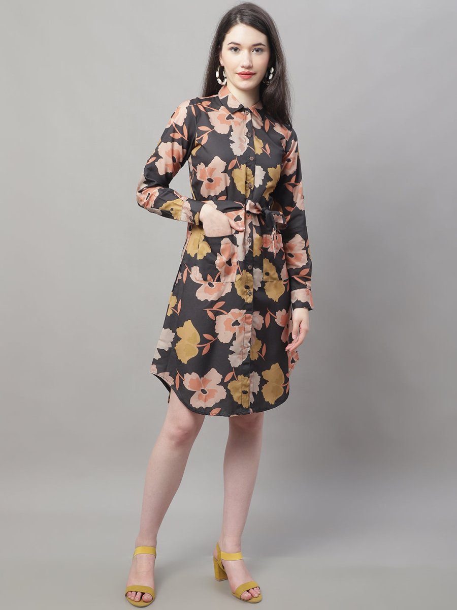 Women Black Printed A-Line Dresses With Belt - JND_1015Black_XS