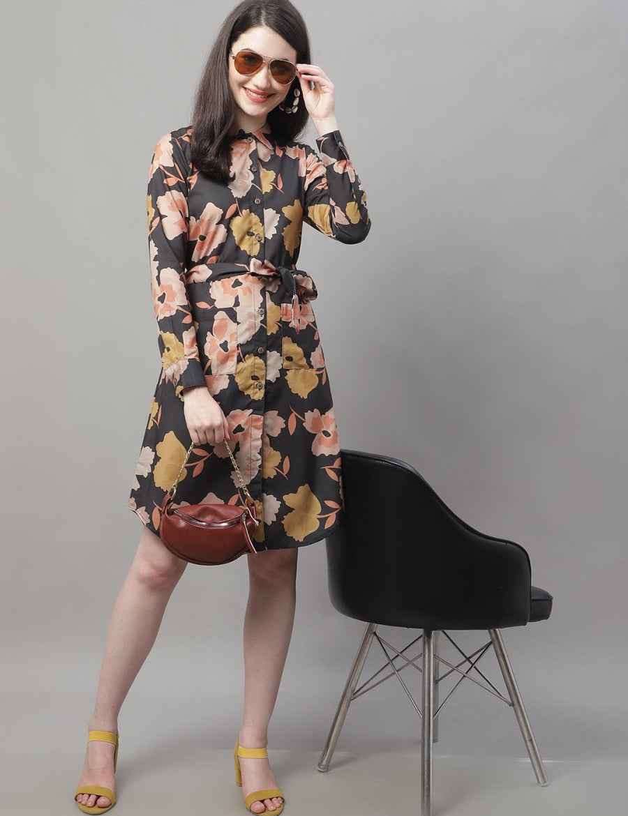 Women Black Printed A-Line Dresses With Belt - JND_1015Black_XS