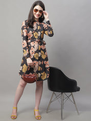 Women Black Printed A-Line Dresses With Belt - JND_1015Black_XS