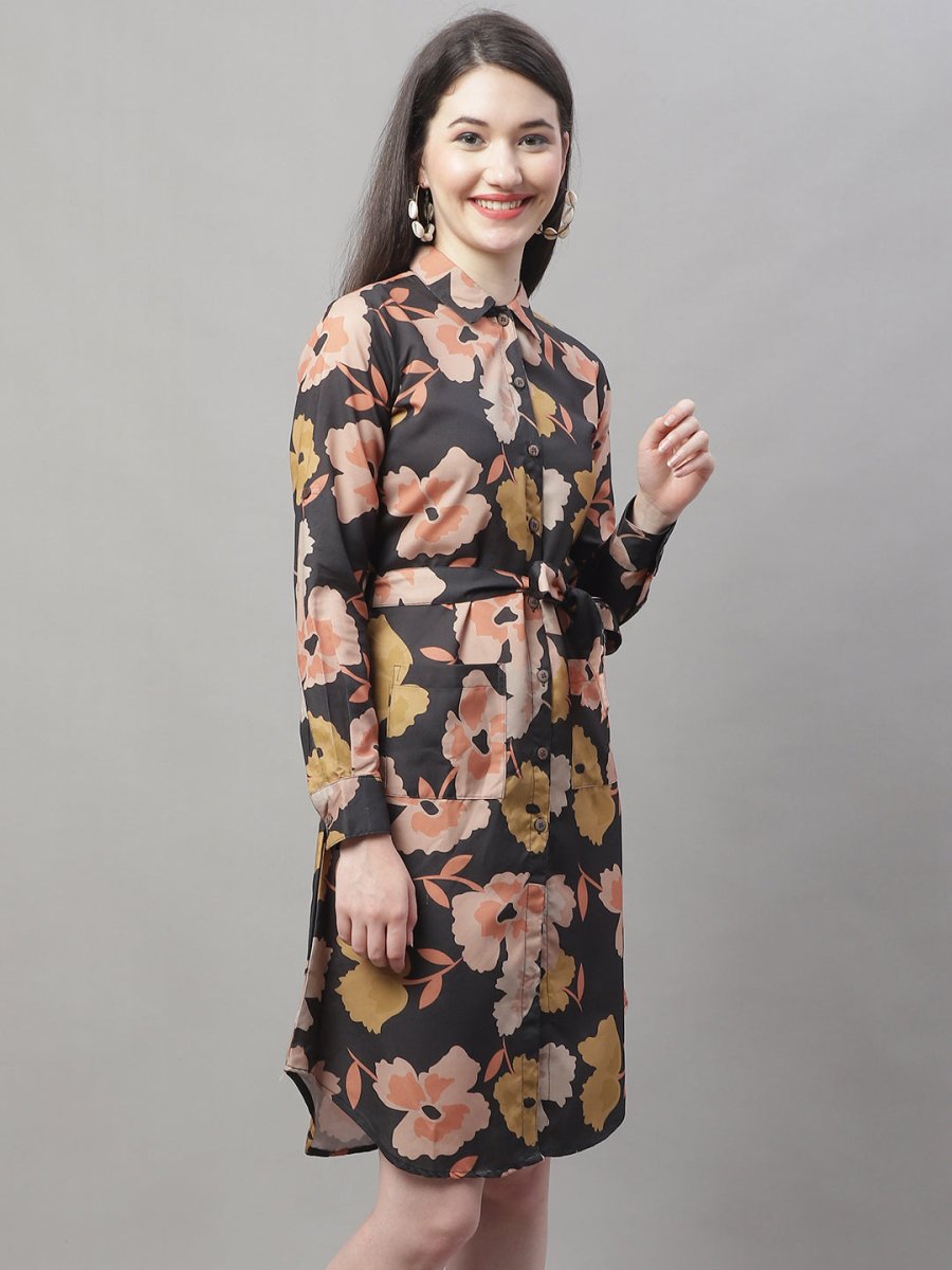 Women Black Printed A-Line Dresses With Belt - JND_1015Black_XS