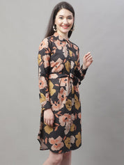 Women Black Printed A-Line Dresses With Belt - JND_1015Black_XS