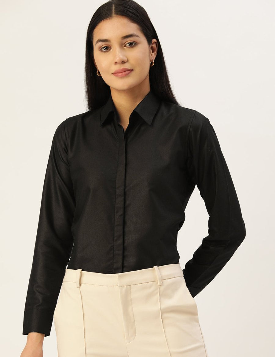 Women Black Solid Shirt Style Top - JNS_2007Black_XS