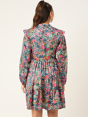 Women Blue & Pink Floral Printed Puff Sleeves Tiered Satin Dress - JND_1010Blue_XS