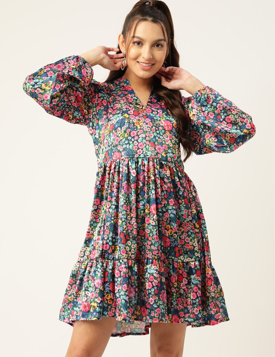 Women Blue & Pink Floral Printed Puff Sleeves Tiered Satin Dress - JND_1010Blue_XS