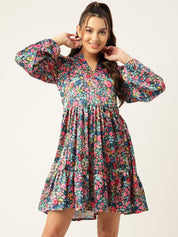 Women Blue & Pink Floral Printed Puff Sleeves Tiered Satin Dress - JND_1010Blue_XS
