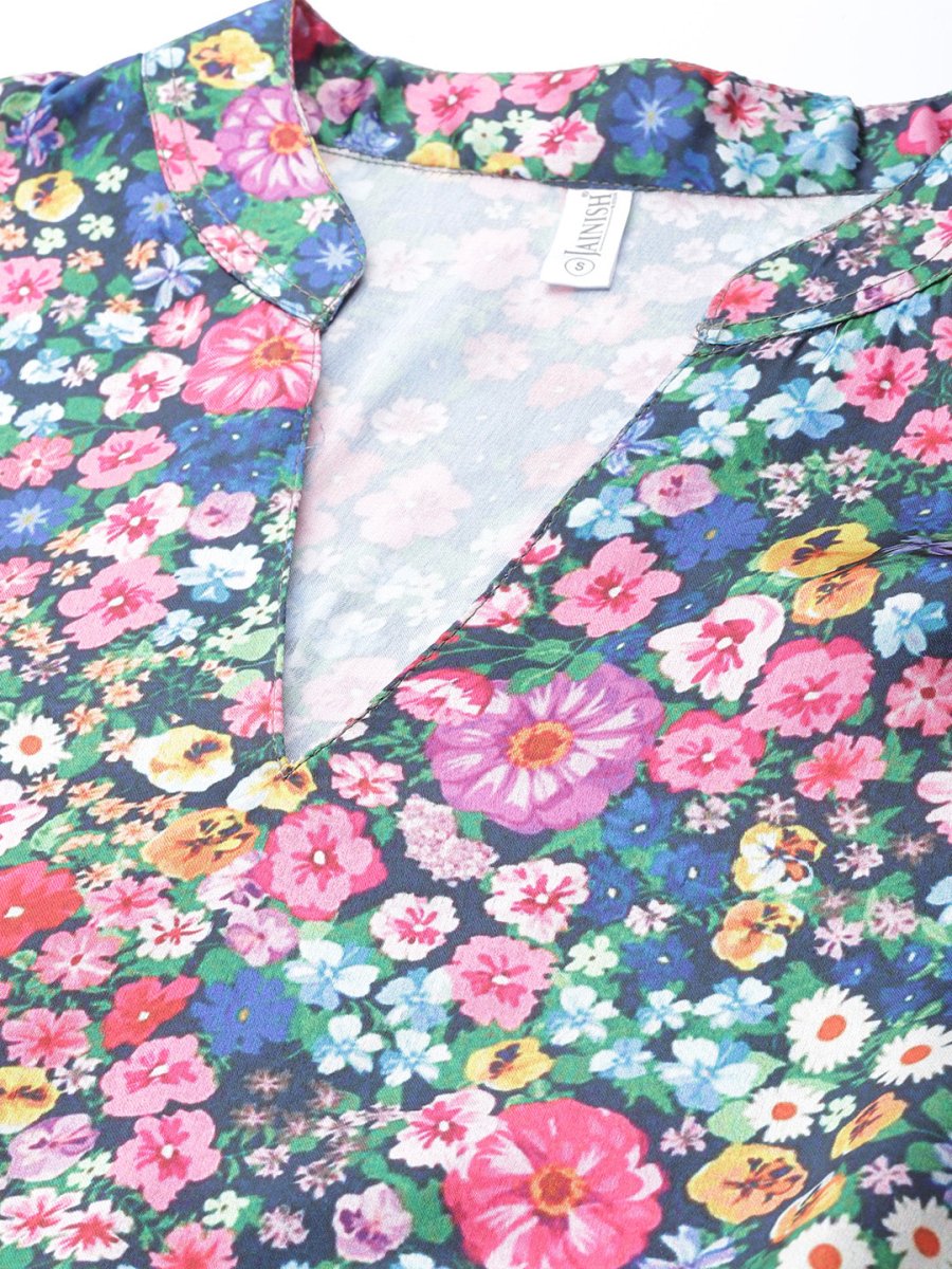 Women Blue & Pink Floral Printed Puff Sleeves Tiered Satin Dress - JND_1010Blue_XS