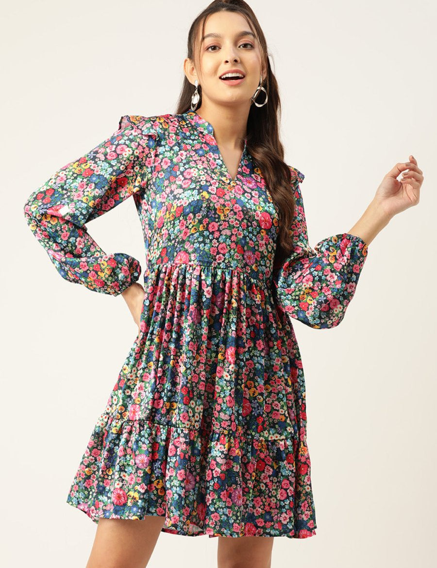 Women Blue & Pink Floral Printed Puff Sleeves Tiered Satin Dress - JND_1010Blue_XS