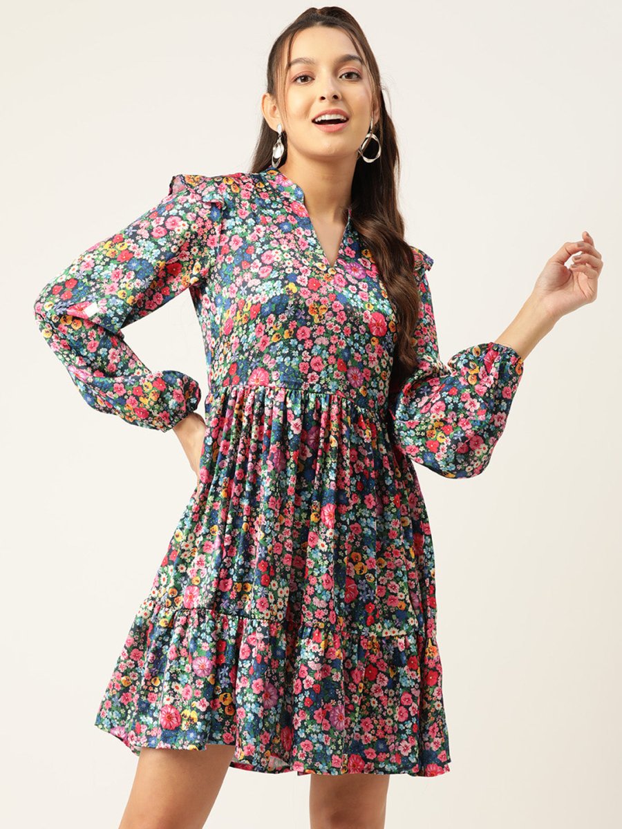 Women Blue & Pink Floral Printed Puff Sleeves Tiered Satin Dress - JND_1010Blue_XS