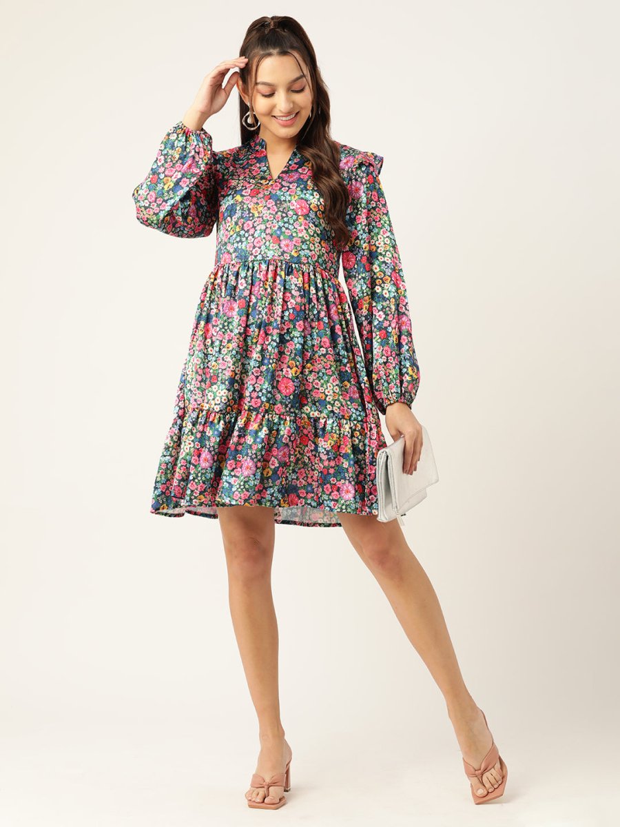 Women Blue & Pink Floral Printed Puff Sleeves Tiered Satin Dress - JND_1010Blue_XS