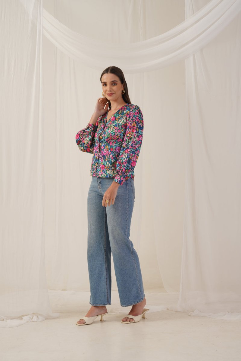 Women Blue Printed Shirt Style Top - JNT_2010Blue_XS