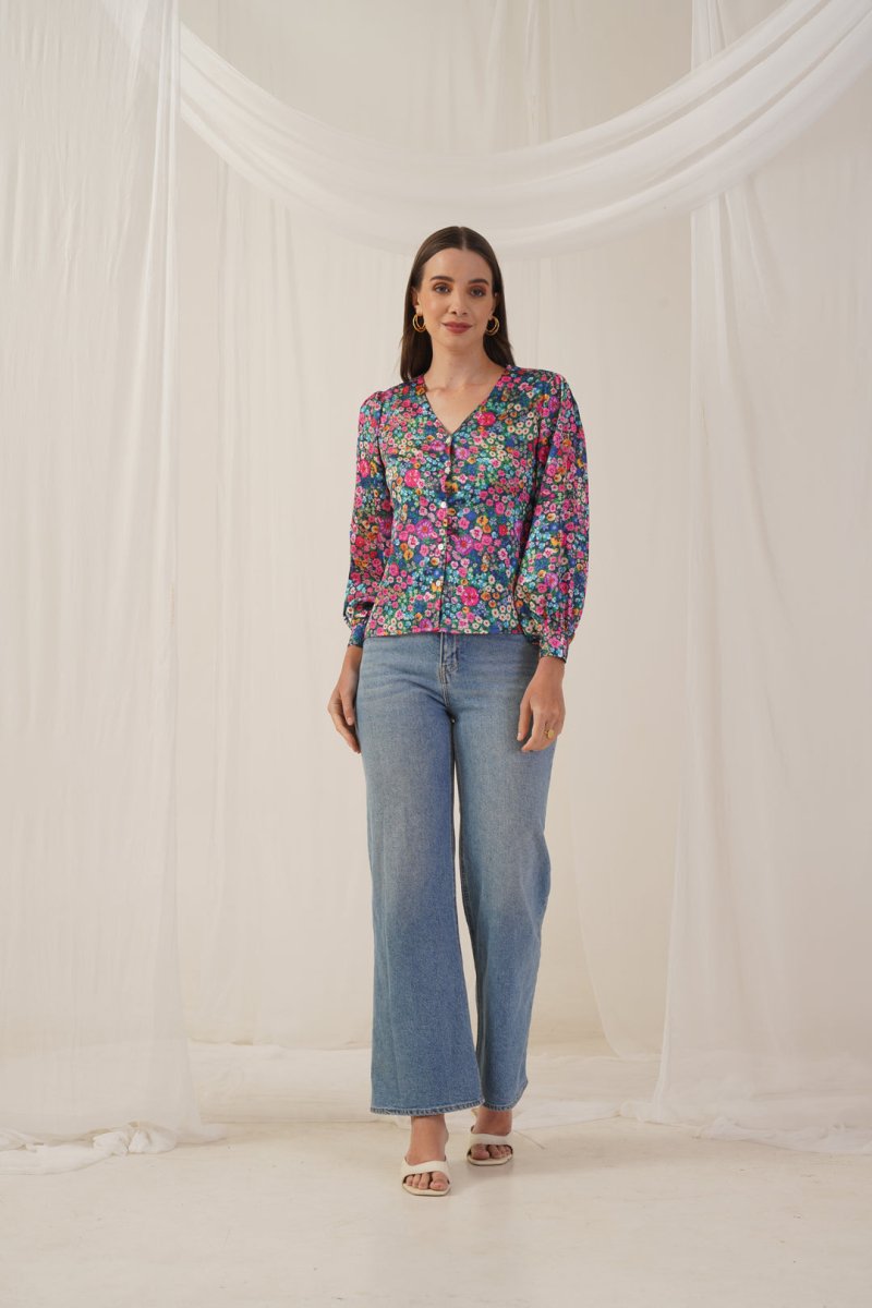 Women Blue Printed Shirt Style Top - JNT_2010Blue_XS