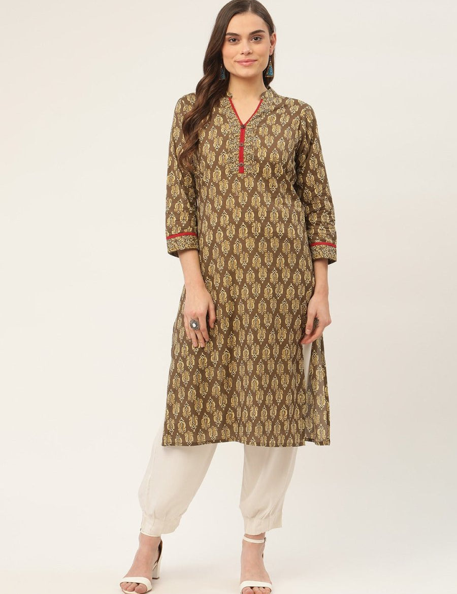 Women Brown and Olive Printed Straight Pure Cotton Kurta - JOK_1419_Brown_S