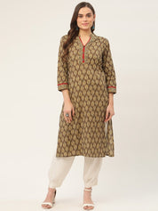 Women Brown and Olive Printed Straight Pure Cotton Kurta - JOK_1419_Brown_S